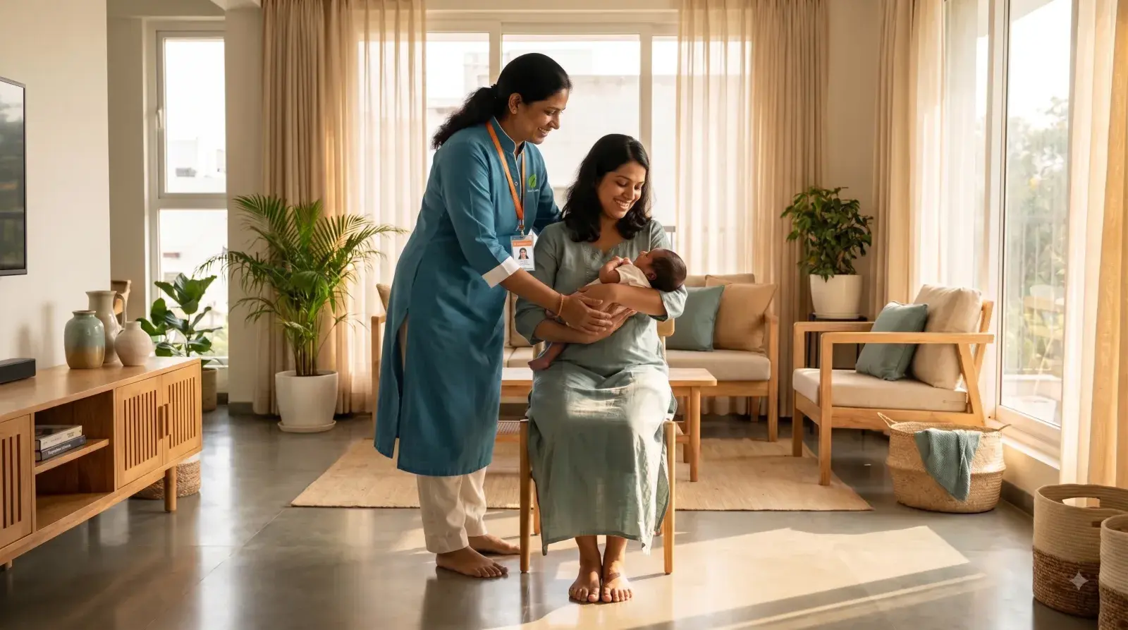 Verified Karuna female caregiver standing next to a mother holding her newborn baby