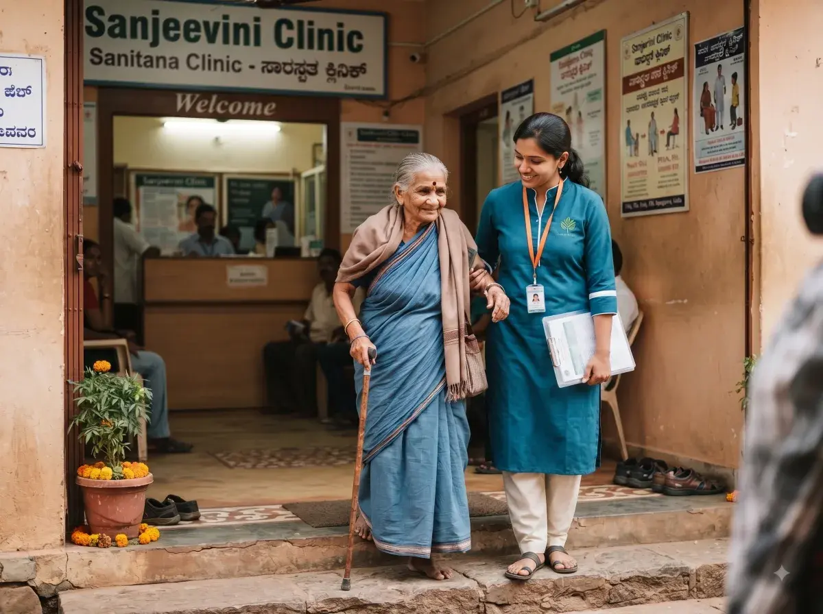 Karuna caregiver accompanying an elderly person to a doctor's appointment