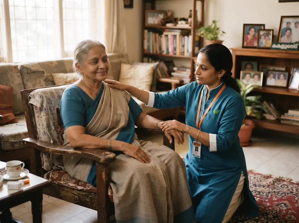 Karuna caregiver supporting an elderly person as they move