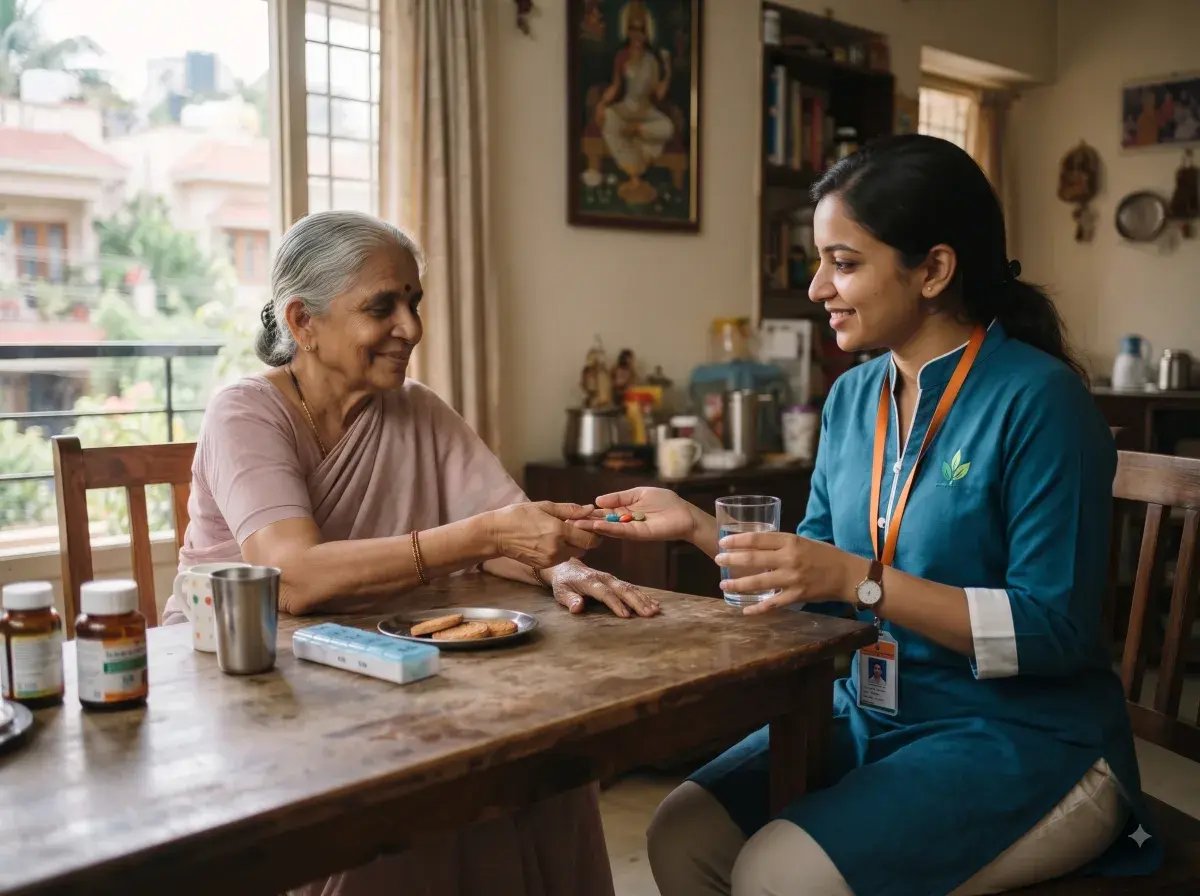 Karuna caregiver helping an elderly person with their daily medicines