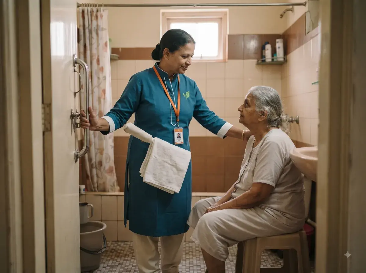 Karuna caregiver helping an elderly person with their morning routine
