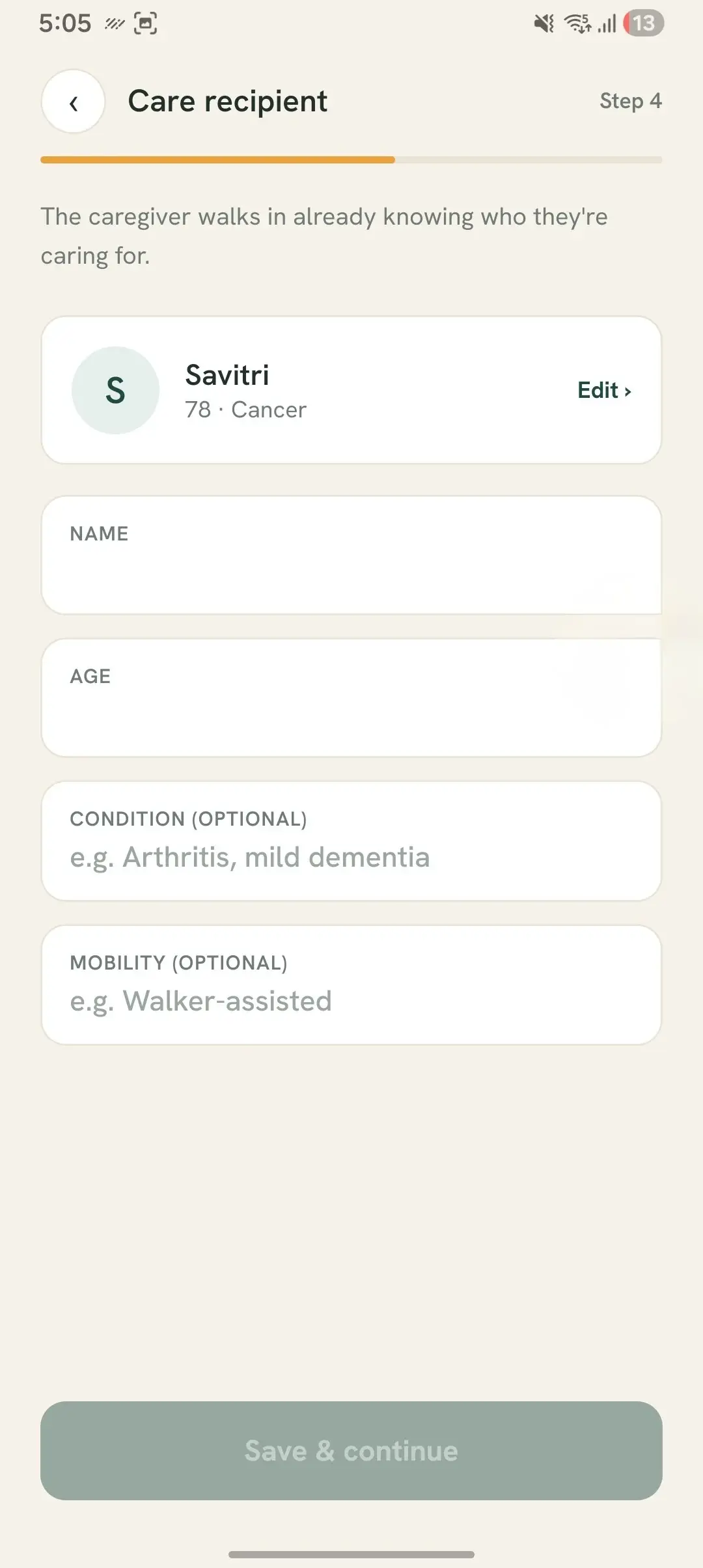 Karuna app screen holding the care recipient's name, age, condition and mobility notes