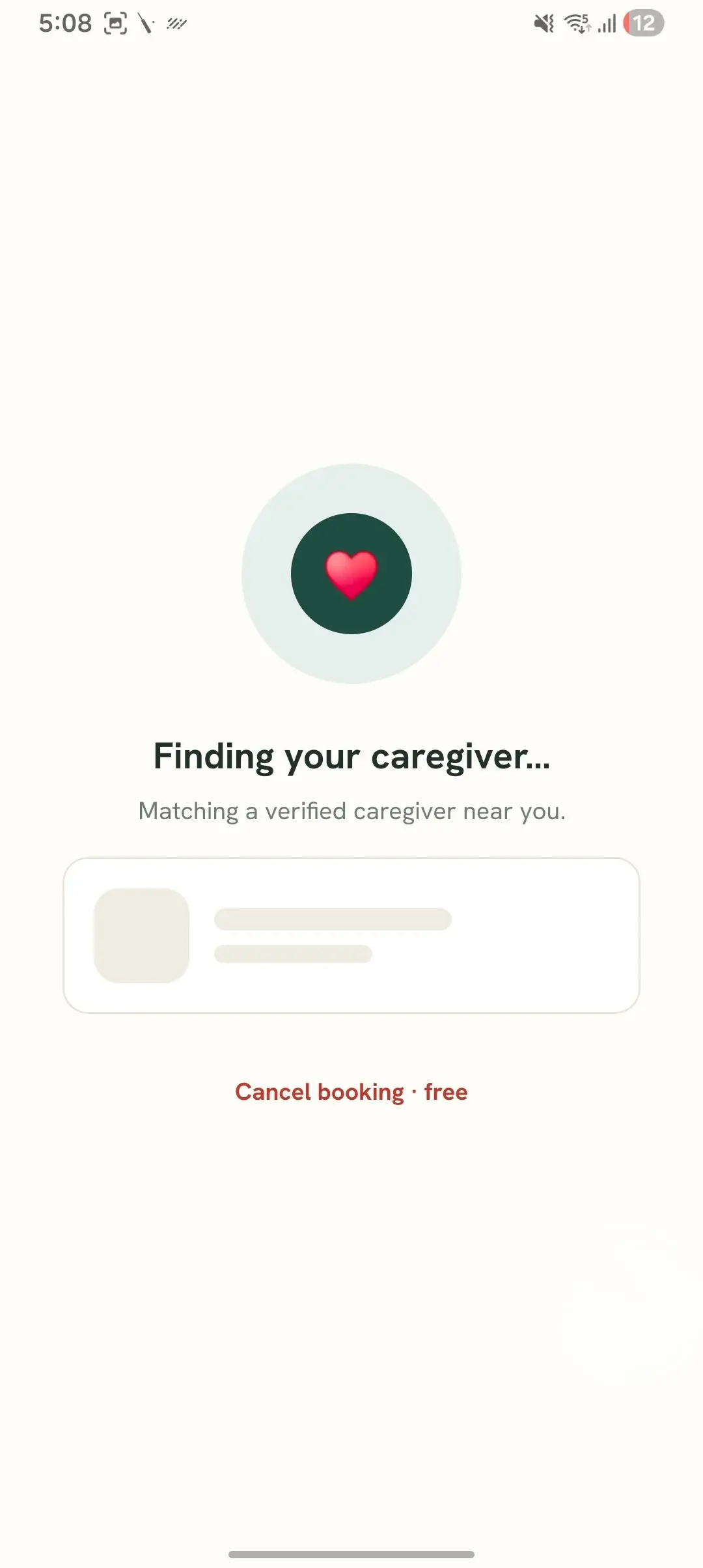 Karuna app screen showing that a verified caregiver nearby is being matched to the booking
