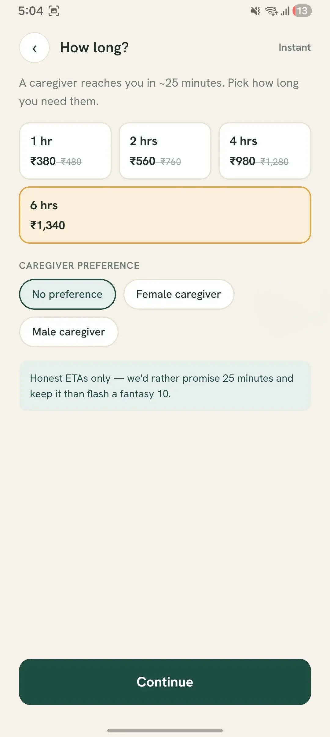 Karuna app screen for choosing how long the visit should be, with the price shown against each length