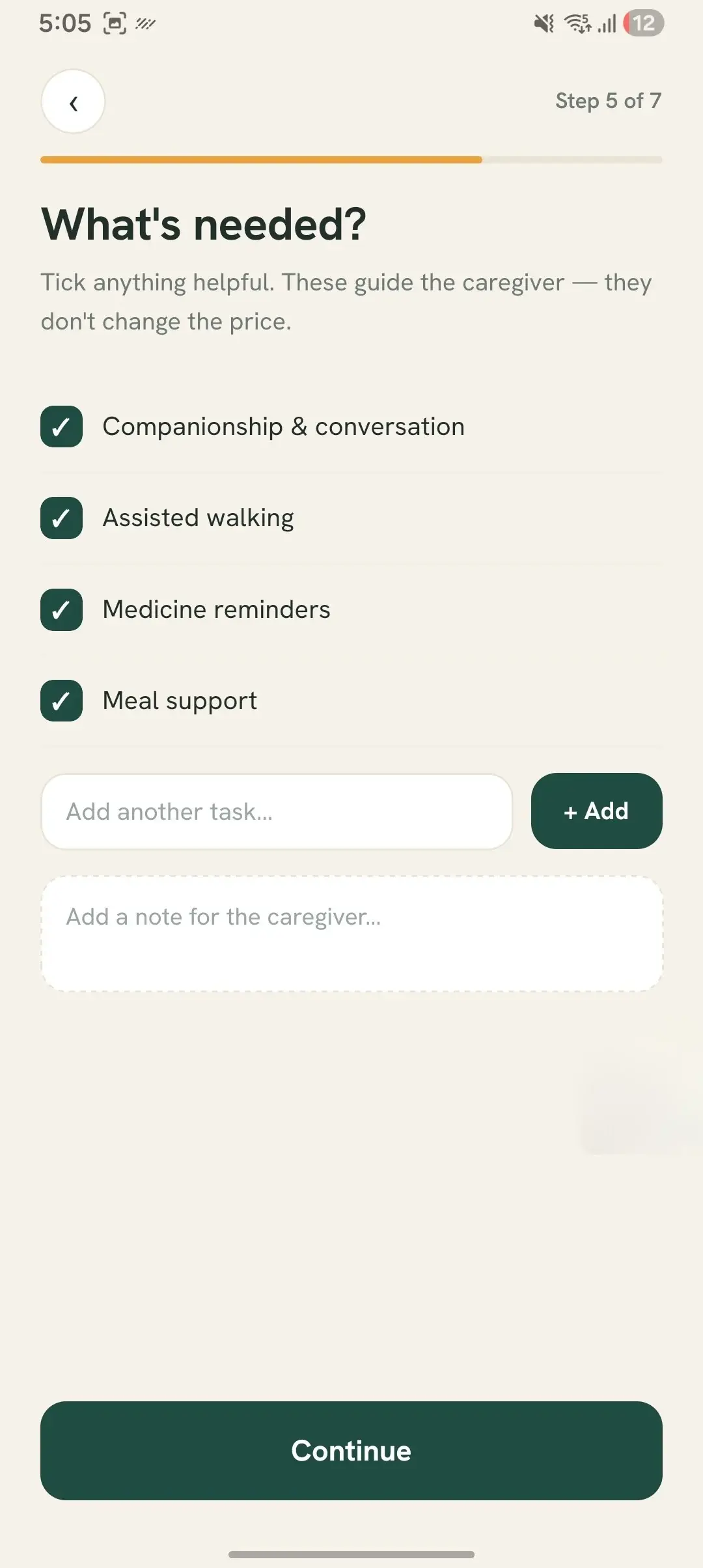 Karuna app screen listing the help needed — companionship, assisted walking, medicine reminders and meal support